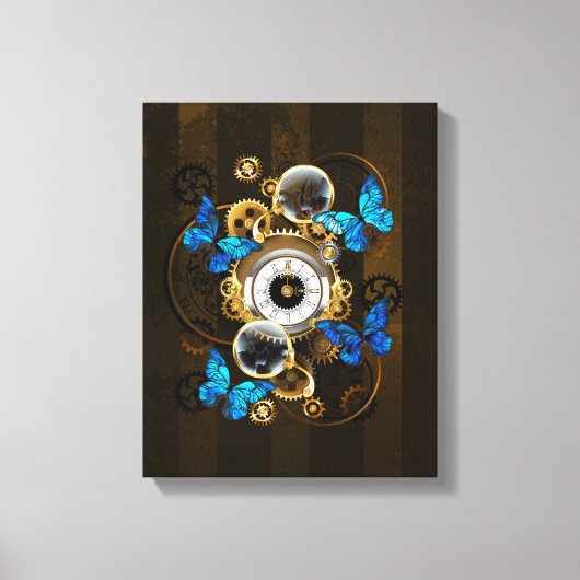 Steampunkgeere und blaue Schmetterlinge Leinwanddruck (Vorderseite)