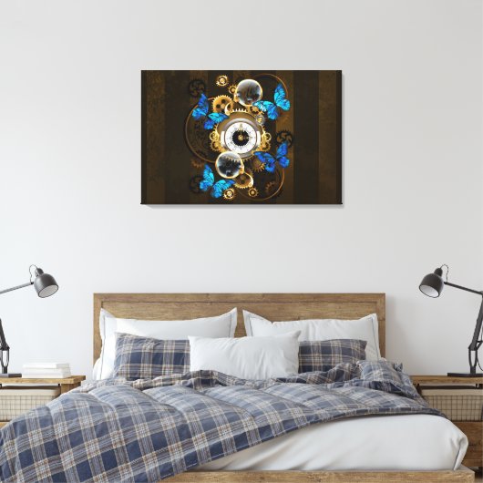 Steampunkgeere und blaue Schmetterlinge Leinwanddruck (Insitu (Schlafzimmer))