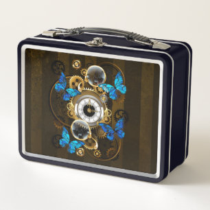 Steampunkgeere und blaue Schmetterlinge Metall Brotdose