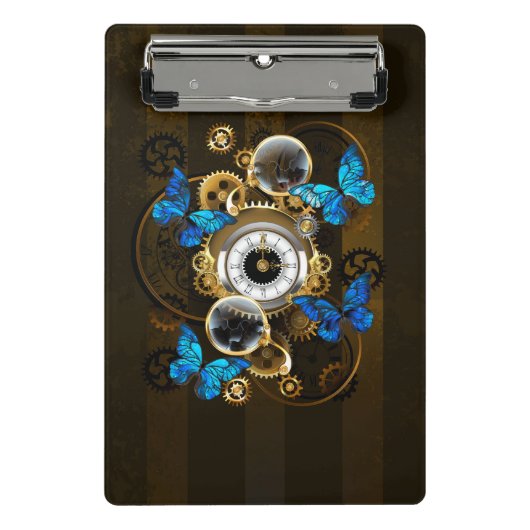 Steampunkgeere und blaue Schmetterlinge Mini Klemmbrett (Vorderseite)