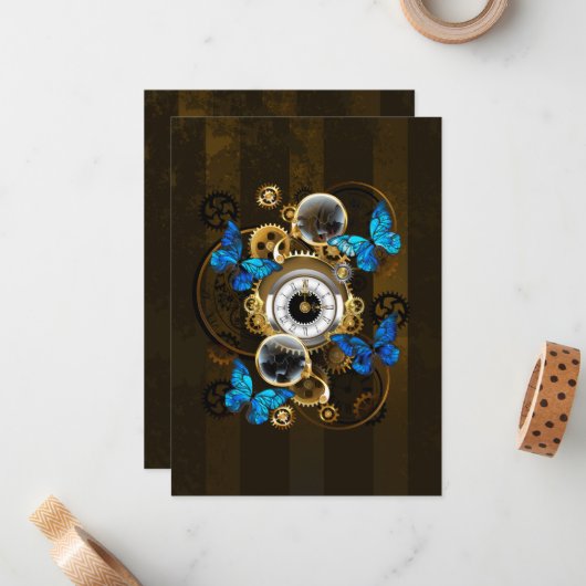 Steampunkgeere und blaue Schmetterlinge Mitteilungskarte (Vorderseite/Rückseite Beispiel)