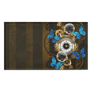 Steampunkgeere und blaue Schmetterlinge Namenschild