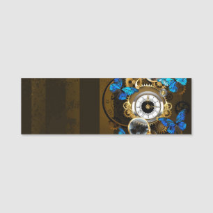 Steampunkgeere und blaue Schmetterlinge Namensschild