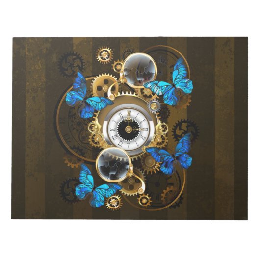 Steampunkgeere und blaue Schmetterlinge Notizblock (Vorderseite)
