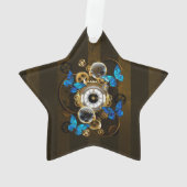 Steampunkgeere und blaue Schmetterlinge Ornament (Rückseite)
