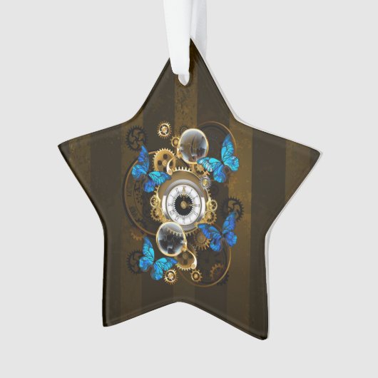 Steampunkgeere und blaue Schmetterlinge Ornament (Vorderseite)