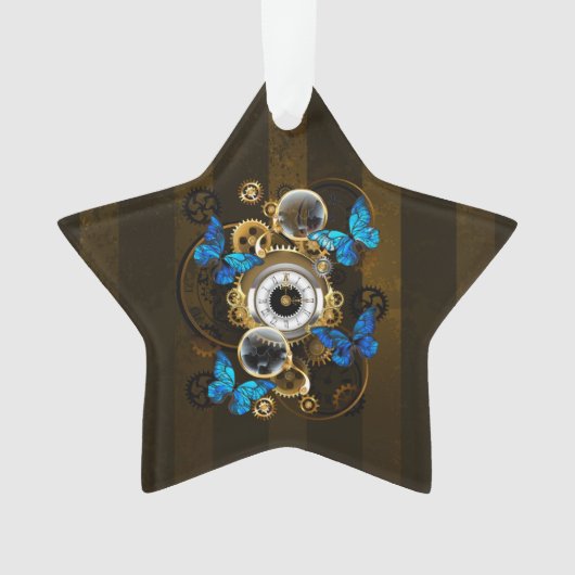 Steampunkgeere und blaue Schmetterlinge Ornament (Vorderseite)