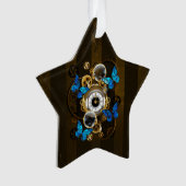 Steampunkgeere und blaue Schmetterlinge Ornament (Vorderseite)