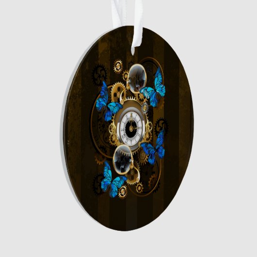 Steampunkgeere und blaue Schmetterlinge Ornament (Vorderseite)