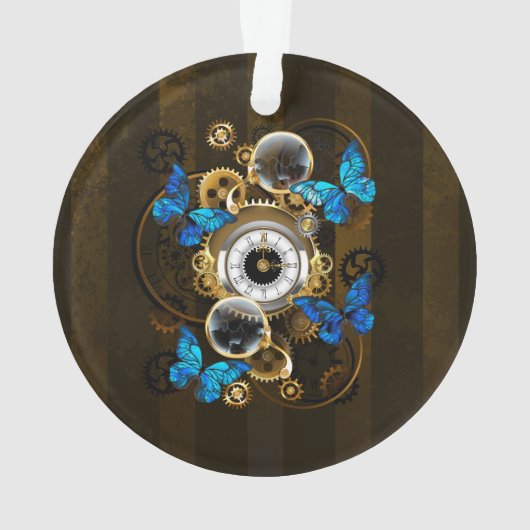 Steampunkgeere und blaue Schmetterlinge Ornament (Rückseite)
