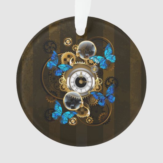 Steampunkgeere und blaue Schmetterlinge Ornament (Vorderseite)