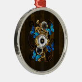 Steampunkgeere und blaue Schmetterlinge Ornament Aus Metall (Rechts)