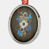 Steampunkgeere und blaue Schmetterlinge Ornament Aus Metall (Links)