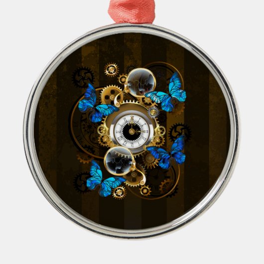 Steampunkgeere und blaue Schmetterlinge Ornament Aus Metall (Vorne)