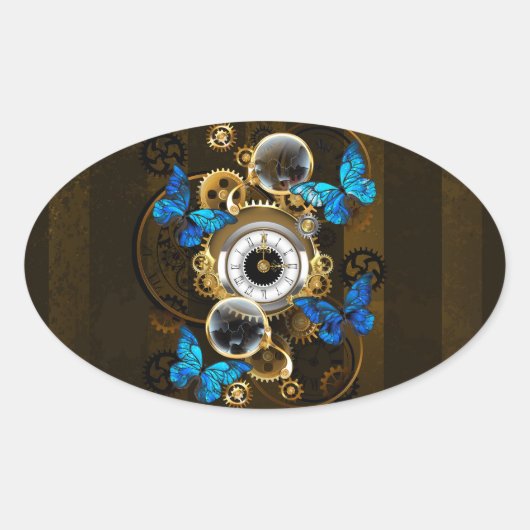 Steampunkgeere und blaue Schmetterlinge Ovaler Aufkleber (Vorderseite)