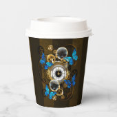 Steampunkgeere und blaue Schmetterlinge Pappbecher (Rückseite)