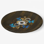 Steampunkgeere und blaue Schmetterlinge Pappteller (Schrägansicht)