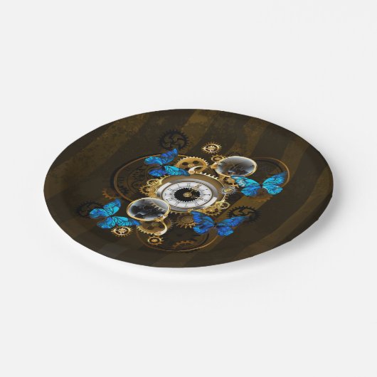 Steampunkgeere und blaue Schmetterlinge Pappteller (Schrägansicht)