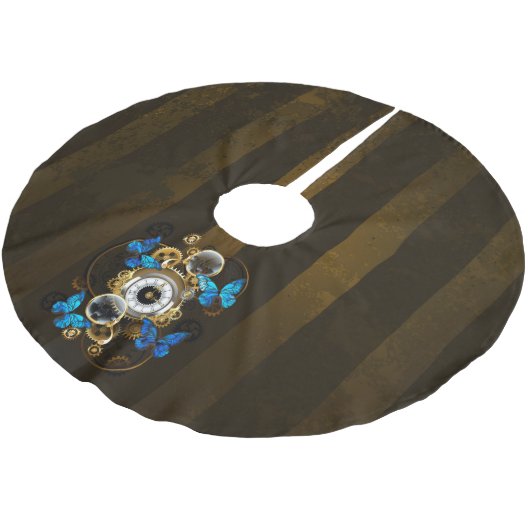 Steampunkgeere und blaue Schmetterlinge Polyester Weihnachtsbaumdecke (Schrägansicht)