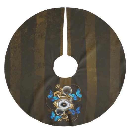Steampunkgeere und blaue Schmetterlinge Polyester Weihnachtsbaumdecke (Vorderseite)
