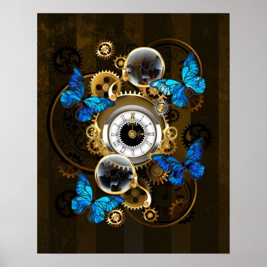 Steampunkgeere und blaue Schmetterlinge Poster (Vorne)