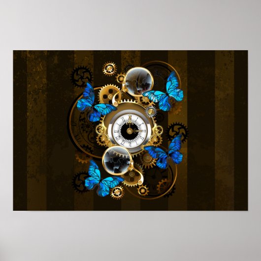 Steampunkgeere und blaue Schmetterlinge Poster (Vorne)