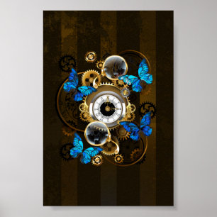 Steampunkgeere und blaue Schmetterlinge Poster