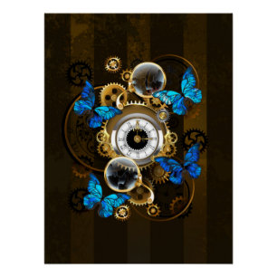 Steampunkgeere und blaue Schmetterlinge Poster