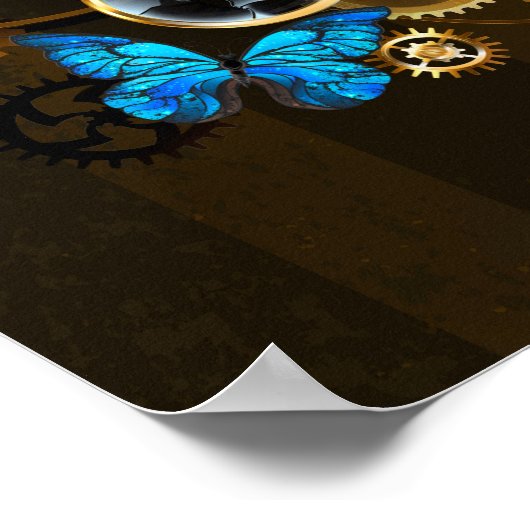 Steampunkgeere und blaue Schmetterlinge Poster (Ecke)