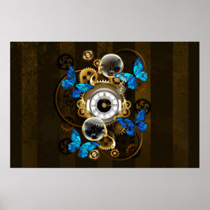 Steampunkgeere und blaue Schmetterlinge Poster