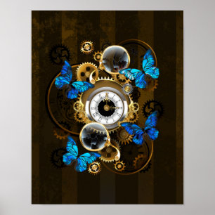 Steampunkgeere und blaue Schmetterlinge Poster