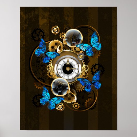 Steampunkgeere und blaue Schmetterlinge Poster (Vorne)
