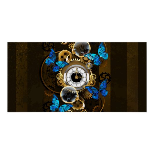 Steampunkgeere und blaue Schmetterlinge Poster (Vorderseite)