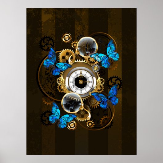 Steampunkgeere und blaue Schmetterlinge Poster (Vorne)