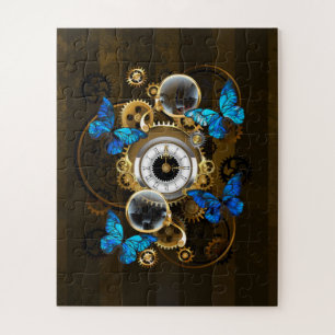 Steampunkgeere und blaue Schmetterlinge Puzzle