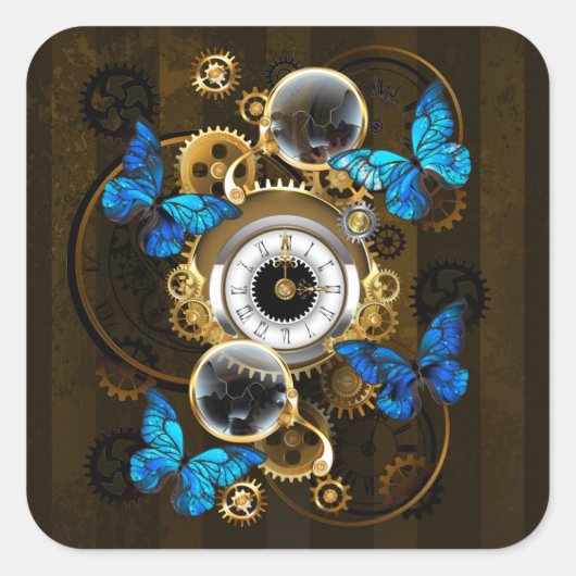 Steampunkgeere und blaue Schmetterlinge Quadratischer Aufkleber (Vorderseite)