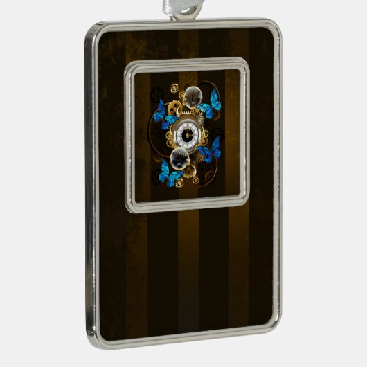 Steampunkgeere und blaue Schmetterlinge Rahmen-Ornament Silber (Rechts)