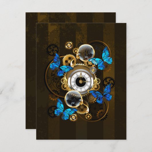 Steampunkgeere und blaue Schmetterlinge RSVP Karte (Vorne/Hinten)