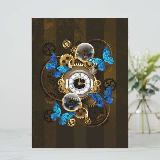 Steampunkgeere und blaue Schmetterlinge Save The Date (Stehend Vorderseite)