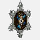 Steampunkgeere und blaue Schmetterlinge Schneeflocken Zinn-Ornament (Links)