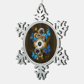 Steampunkgeere und blaue Schmetterlinge Schneeflocken Zinn-Ornament (Rechts)