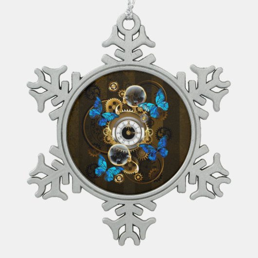 Steampunkgeere und blaue Schmetterlinge Schneeflocken Zinn-Ornament (Vorderseite)