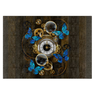 Steampunkgeere und blaue Schmetterlinge Schneidebrett