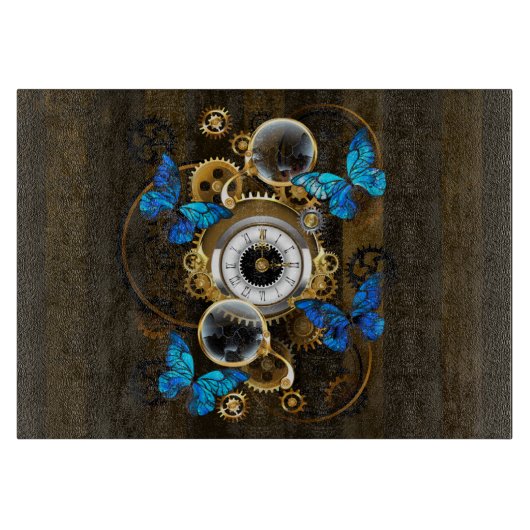 Steampunkgeere und blaue Schmetterlinge Schneidebrett (Vorderseite)