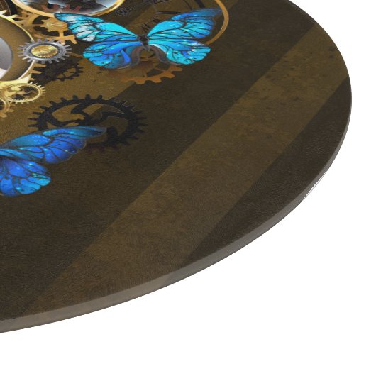 Steampunkgeere und blaue Schmetterlinge Schneidebrett (Ecke)