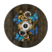 Steampunkgeere und blaue Schmetterlinge Schneidebrett (Vorderseite)
