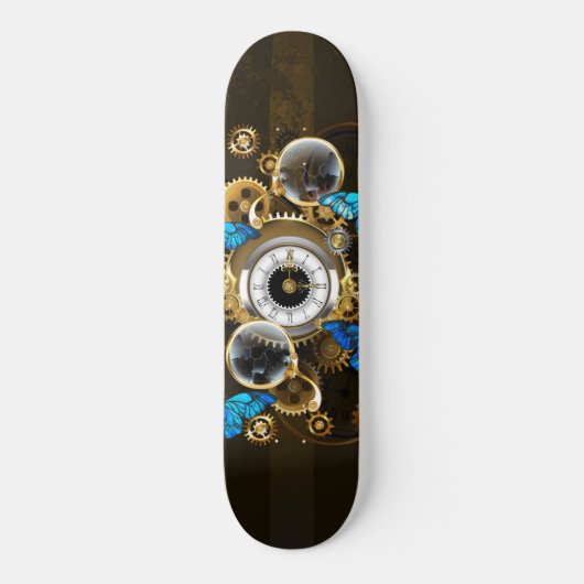 Steampunkgeere und blaue Schmetterlinge Skateboard (Vorderseite)