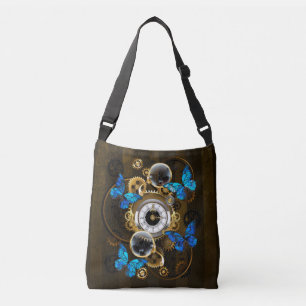 Steampunkgeere und blaue Schmetterlinge Tragetaschen Mit Langen Trägern