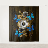 Steampunkgeere und blaue Schmetterlinge Wandteppich (Vorderseite)