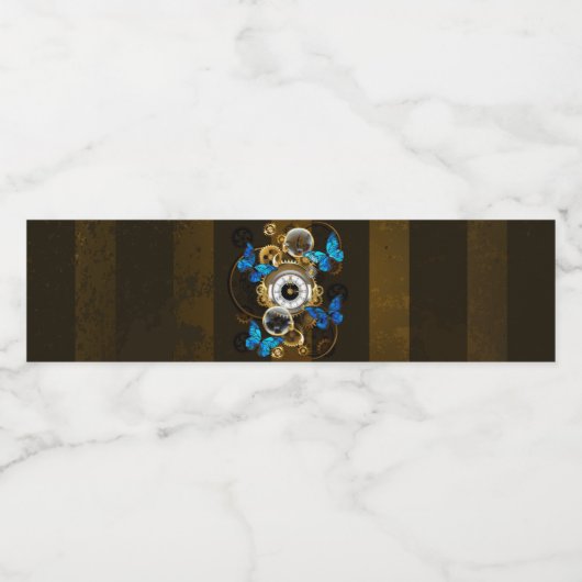 Steampunkgeere und blaue Schmetterlinge Wasserflaschenetikett (Einzelnes Label)